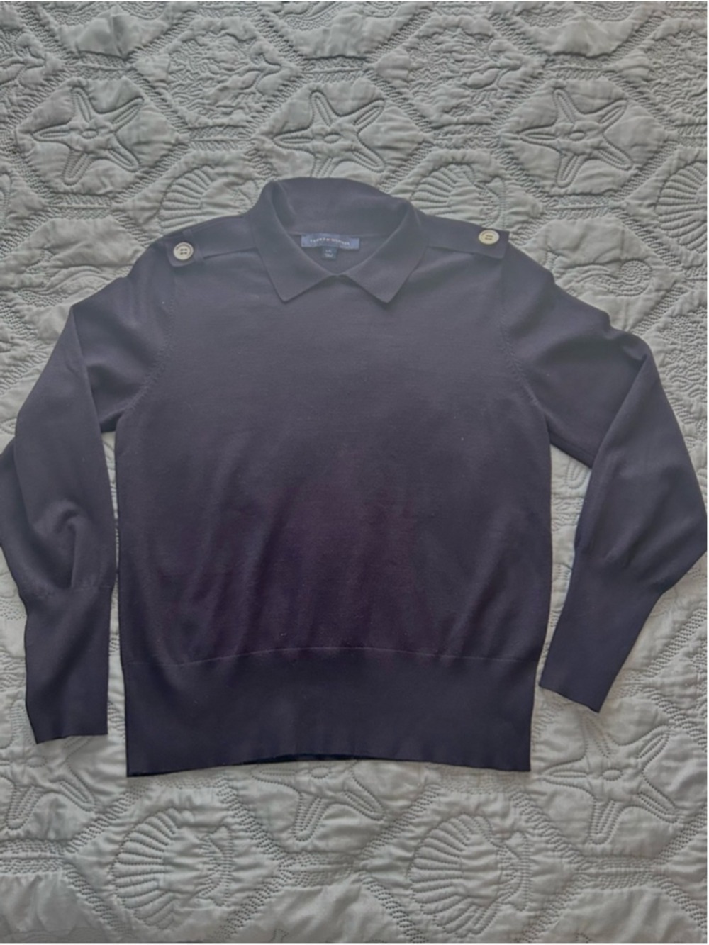 Tommy Hilfiger Navy Crew Neck Sweater Gold Button Shoulder Size L - Picture 3 of 11